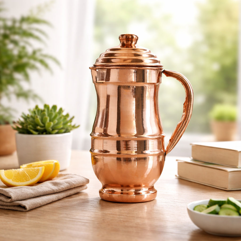 Pure copper plain maharaja style jug with lid, 1280 ML